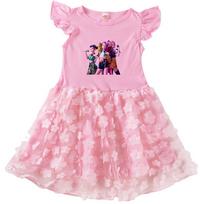 4129 Kids Girls Anime Rumi Zoey Mira Print Flower Applique Dress 100cm rožinė