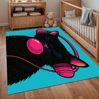 1pc Cool Black Cat Rug Bubble Gum Headphone Pattern Non Slip Floor Mat for Kids Bedroom Playroom Nursery Home Decor Carpet 40X60cm