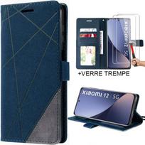 Case + 2 Tempered Glasses for Xiaomi 12 - 12X, Navy Blue Leather Effect Case