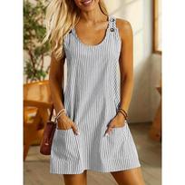 Round-neck Pocket Striped Shoulder Strap Button Casual One-piece Short Skirt S juoda