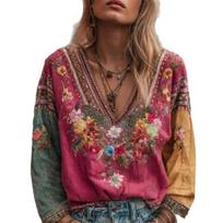 Women Tops V-Neck Long Sleeve Embroidery Flower Printing Tee Shirt Bohemia Ethnic Style Pullover Tops Daily Wear XXL rožinė raudona spalva