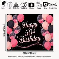 2D Black Pink Glitter 50th Birthday Backdrop with Confetti Balloons for 50th Birthday Party Photo Booth 47.2x31.5inch/120*80cm