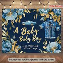 2D Watercolor Blue Rose Baby Shower Backdrop Modern Boy Celebration Photo Background 47.2x31.5inch/120*80cm