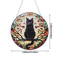Stained Glass Black Cat Suncatcher - Hanging Window Decor With Chain For Home & Garden