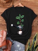 Y-Coffee Bean Tree Barista Print T-Shirt, Short-Sleeved Crew Neck Casual Top for Summer And Spring, Women'S Apparel S įvairiaspalvis