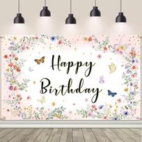 2D Pastel Floral Butterfly Backdrop, Happy Birthday Watercolor Background for Bridal Shower 47.2x31.5inch/120*80cm