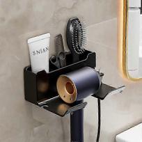Non-perforated Hair Dryer Holder With Hook And Basket With Cable Holder - Self-adhesive Wall-mounted Hair Dryer (black)