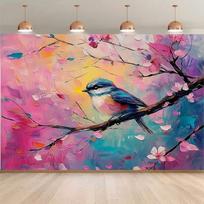2D Blossom Branch Bird Backdrop, Artistic Spring Garden Photo Background 47.2x31.5inch/120*80cm