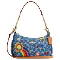 COACH Teri 25 Classic Logo Embroidered Top Zip Closure Denim Shoulder Bag Medium Women's Mixed Indigo mėlyna