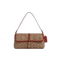 COACH Hamptons 26 Classic Old Flower Clip Closure Striped Quilted Artificial Leather Shoulder Handbag Medium Women's Brown Yellow and Rust Red ruda