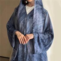 Women's Muslim Abaya With Print, Loose Kimono Style Open Cardigan With Headscarf, Long Maxi Dress For Ramadan L mėlyna