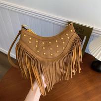 New Bohemian Vintage Brown Fringe Bag, Multifunctial Crossbody Bag in Marbled Color