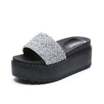 Fashion Twinkle crystal metal studs bordered creepers slippers women open toe platform slides silver/gun color muffin sandals mujer 4.5 sidabras