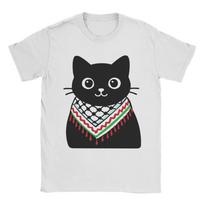 Palestine Cat Wearing the keffiyeh T Shirts for Men Pure Cotton Funny T-Shirts Round Collar  Tees Short Sleeve Clothing Adult S įvairiaspalvis