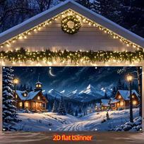 2D Flat Christmas Garage Door Banner, Magical Snowy Village Night Backdrop Cloth for Winter Decor 47.2x31.5inch/120*80cm