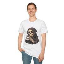 Skeleton Coffee Grim Reaper Gothic Funny Unisex Softstyle T-Shirt S įvairiaspalvis