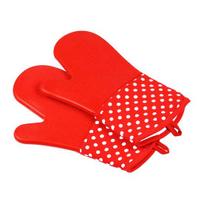 2Pcs Non-Slip Silicone Oven Gloves Heat Resistant Microwave Mitts for Baking Grilling Heavy Duty Cotton Lined Kitchen Gloves raudona