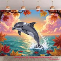 2D Sunset Ocean Backdrop, Dolphin & Autumn Maple Leaves Party Background 47.2x31.5inch/120*80cm