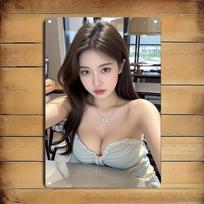 Hisun Tin Sign Sexy Asian Girl in Striped Strapless Top at Cafe Metal Tin Sign Vintage Iron Painting Wall Art Decor for Man Cave Bar Pub Home 20x30cm