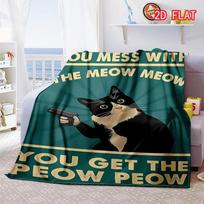 Funny Tuxedo Cat With Gun Print Flannel Blanket, You Mess With The Meow Meow Quote Throw, Soft Cozy Lightweight Bed Sofa Cover 80cm x 120cm