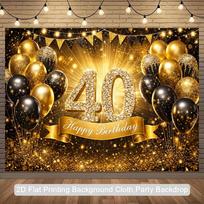 2D Black Gold Glitter 40th Birthday Party Backdrop, Luxury Style Happy Birthday Background Decoration 47.2x31.5inch/120*80cm