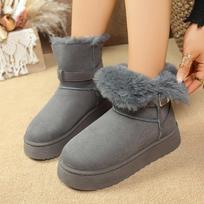 Moteriški platūs zomšiniai sniego batai, Žieminiai ankle boots moterims su sagties detalėmis ir pliušiniu pamušalu 36 pilka spalva