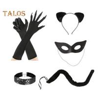 5 vnt. / rinkinys „Cosplay Cat“ imituotas uodegos rinkinys, akių dengiantis plaukų segtukas, pirštinės ir uodegos rinkinys „Halloween Maskerade Performance Prop Wedding Night Slutty“ Sets