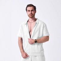 Men Turn Down Collar Short Sleeve Zip Up Shirt With Jacquard Texture Loose Fit Casual Daily Tops S balta