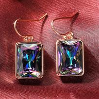 Charming Women's Drop Earrings with Rectangle Crystal Rainbow Stone Gold Color Dangle Earrings Trendy Jewelry Accessories