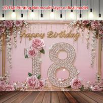 2D 18th Birthday Pink Rose Backdrop - Gold Diamond Themed Party Photography Banner 47.2x31.5inch/120*80cm