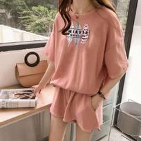 Outfit Female Summer Hong Kong Style Ins Tide Short-sleeved Shorts Student Loose Sports and Leisure Ladies Two-piece Outfit 4XL rožinė