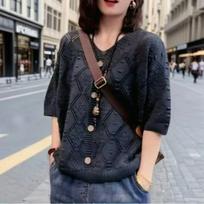 Plus Size Western Style Thin Knitted Sunscreen Shirt Ladies's Blouse Spring, Autumn and Summer Middle-aged Mother's Sweater Ladies XS juoda