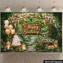2D Enchanted Forest Birthday Backdrop - Floral Arch & Cake Party Photography Banner 47.2x31.5inch/120*80cm