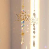 1Pc MetalLotusandArtificial Crystal Suncatcher Charm Handmade Applicable Home Wind Chime Pendant Outdoor Garden Plant Decoration