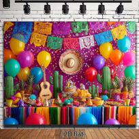 2D Cinco de Mayo Taco Party Backdrop, Colorful Papel Picado Cactus & Balloon Photography Background 47.2x31.5inch/120*80cm