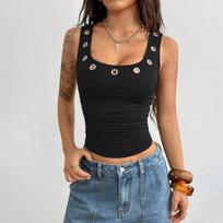 Women Sleeveless Square Neck Tank Top with Metal Eyelet Detail Fitted Casual Fashion Vest for Everyday Wear XXXL juoda