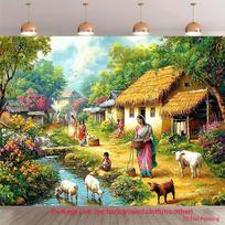 2D Indian Farm Life Backdrop, Traditional Village Scene Party Background 47.2x31.5inch/120*80cm