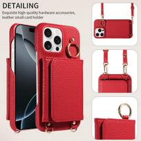 For IPhone16 15 Pro Max 14 13 12 Series PU Leather Magsafe Magnetic Wireless Charging Shockproof Crossbody Wallet Phone Case Artificial leather&Case & Strap&iPhone 16 Pro Max raudona
