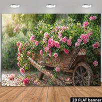 2D Vintage Rose Garden Party Backdrop, Romantic Pink Flower Cart Background Decoration 47.2x31.5inch/120*80cm