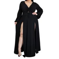 Vienos spalvos su skeltu kraštu maxi suknelė moterims V formos iškirpte, raukiniais, ilga iki grindų, oversized suknelė, gatvės stiliaus 3XL juoda