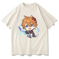 Tartaglia T-shirt Genshin Impact - Chibi Childe Couple 100%Cotton Cute Cartoon Print Women Shirt Summer Cozy Soft Casual Tops S įvairiaspalvis