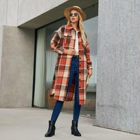 Casual Single Breasted Windbreaker Women's Plaid Print Open Front Jacket Plus Size S oranžinė