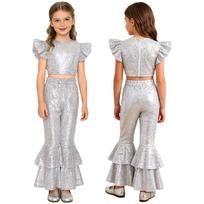 Girls Glittery Sequin Outfit Crew Neck Ruffled Fly Sleeve Crop Top Tiered Bell Bottom Flared Pants Set 9-10 Years violetinė