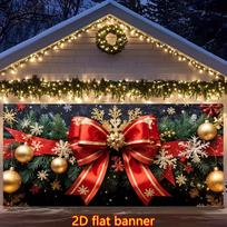 2D Winter Christmas Garage Door Banner, Red & Gold Bow with Snowflake Design Backdrop 47.2x31.5inch/120*80cm
