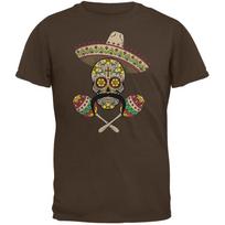 Cinco de Mayo - Sombrero Skull Maracas Crossbones Brown Adult T-Shirt S įvairiaspalvis