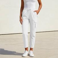 Women Casual Cargo Pants with Drawstring Waist Multiple Pockets Relaxed Fit Lightweight Trousers for Daily Wear XXL balta