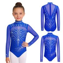 Vaikams ir mergaitėms skirtas gimnastikos šokių triko su nematomu kaklu, ilgomis rankovėmis, nematomu užtrauktuku, tinklelio lopų imitacijos blizgančiu cirkonio kostiumu varžyboms. 5-6 Years mėlyna