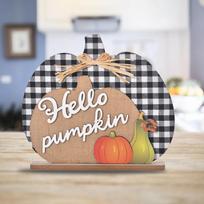 Wooden Plaid Pumpkin Table Decor with Burlap Accent and Seasonal Vegetable Cutouts for Autumn Home Decoration Rustic Style One Size