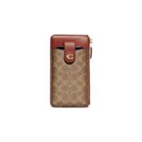 COACH piniginė Essential 10 vienspalvė su raidiniu logotipu, užraktu, klasikine presbiopija, dengtu drobiniu ir smulkiu veršio odos mobiliojo telefono dėklu, moteriška, ruda, geltona ruda