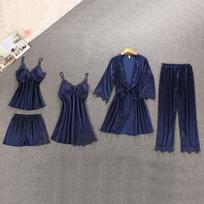 Lisacmvpnel 5 vnt. Su Pad Sexy Lace Pižama Komplektas Naktiniai marškiniai + Kardiganas + Kelnių komplektas Nėriniuota pižama moterims M mėlyna